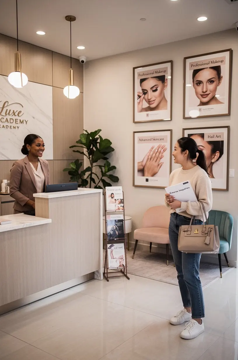 Spotkanie mentoringowe w akademii urody, gdzie eksperci omawiają strategie rozwoju marki kosmetycznej.