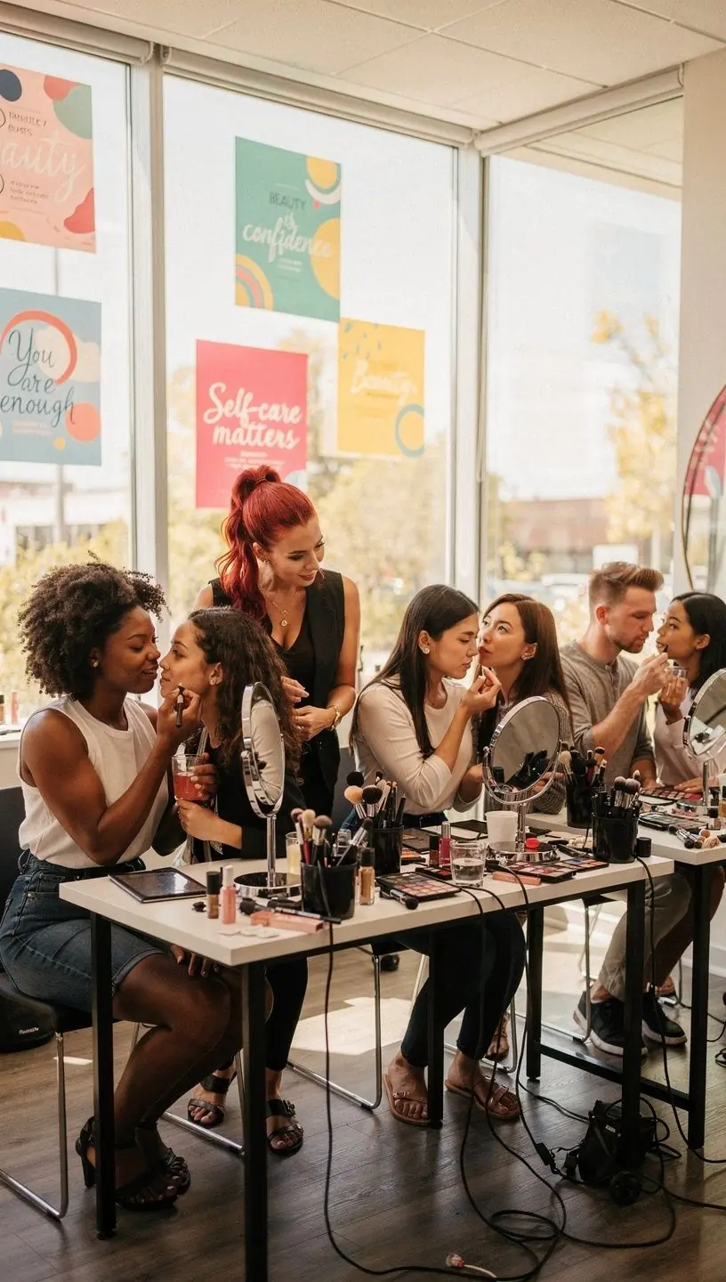 Grupa kursantek podczas warsztatów praktycznych z modelowania paznokci prowadzonych przez doświadczonego specjalistę.